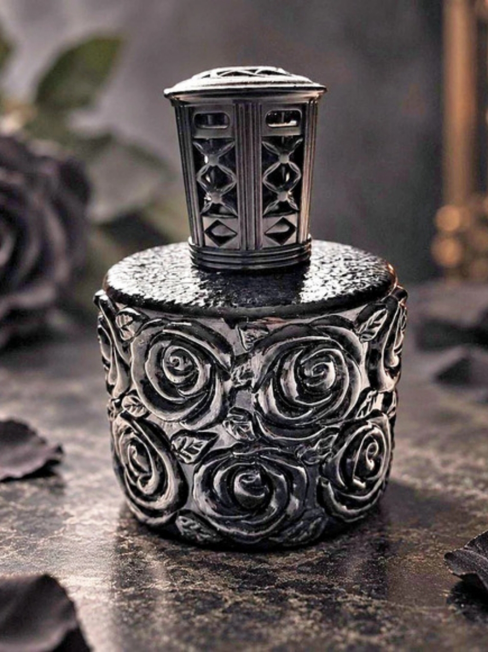 Black Rose Oil Diffuser Gothic Decorative Glossy Porcelain Bottle Ornate Top